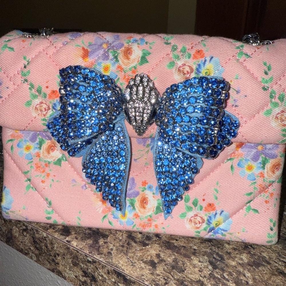 Kurt Geiger Pink Floral Clutch with Blue Embellished Bow